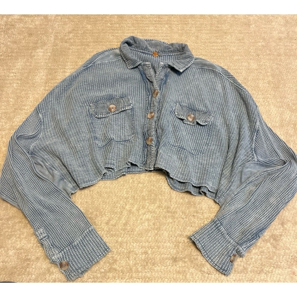 Free People One Scout Cropped Waffle Knit Thermal Shacket Shirt 100% cotton OS